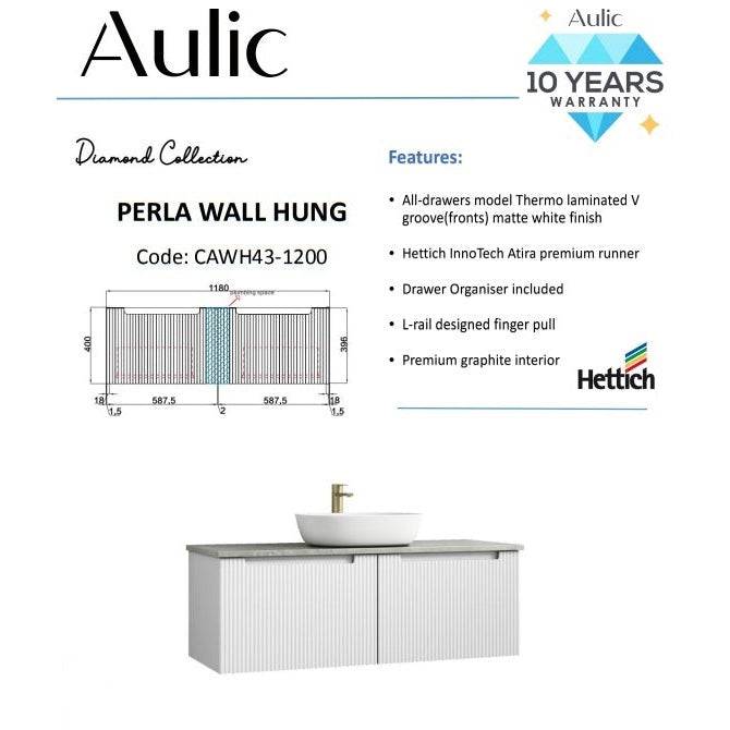 Aulic Perla Mark II 1200mm Wall Hung Vanity Matte White (Cato Stone Top With Undermount Basin) - Sydney Home Centre