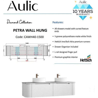 Aulic Petra 1500mm Single / Double Bowl Wall Hung Vanity Matte White (Palis Flat Quartz Stone Top) - Sydney Home Centre