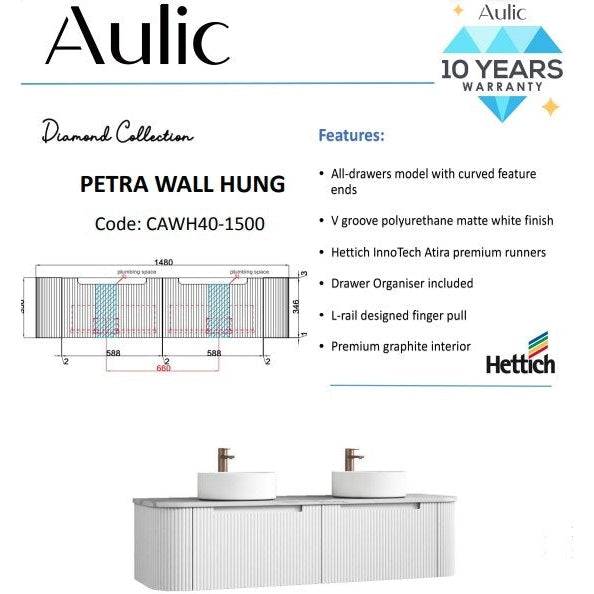 Aulic Petra 1500mm Single / Double Bowl Wall Hung Vanity Matte White (Palis Flat Quartz Stone Top) - Sydney Home Centre