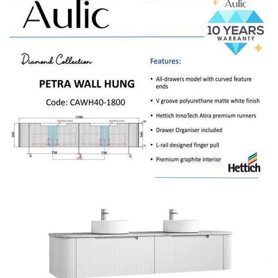 Aulic Petra 1800mm Single / Double Bowl Wall Hung Vanity Matte White (Cato Flat Stone Top) - Sydney Home Centre