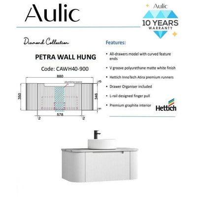 Aulic Petra 900mm Wall Hung Vanity Matte White (Cabinet Only) - Sydney Home Centre