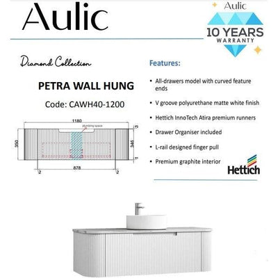 Aulic Petra Mark II 1200mm Wall Hung Vanity Matte White (Alpine Flat Quartz Stone Top) - Sydney Home Centre