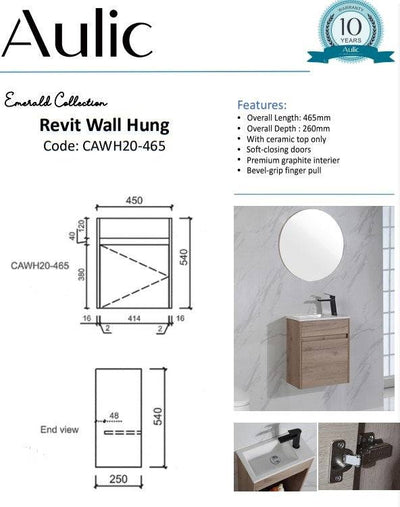 Aulic Revit 465mm Wall Hung Vanity Timber (Ceramic Top) - Sydney Home Centre