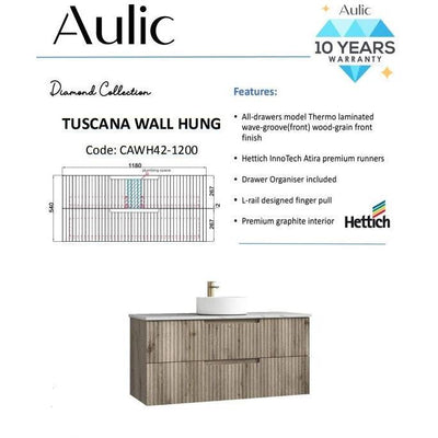 Aulic Tuscana 1200mm Wall Hung Vanity Laminated Wood Grain (Alpine Flat Quartz Stone Top) - Sydney Home Centre