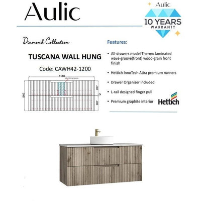 Aulic Tuscana 1200mm Wall Hung Vanity Laminated Wood Grain (Palis Flat Quartz Stone Top) - Sydney Home Centre