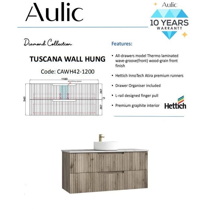 Aulic Tuscana 1200mm Wall Hung Vanity Laminated Wood Grain (Palis Flat Quartz Stone Top) - Sydney Home Centre