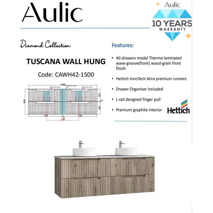 Aulic Tuscana 1500mm Double Bowl Wall Hung Vanity Laminated Wood Grain (Alpine Flat Quartz Stone Top) - Sydney Home Centre