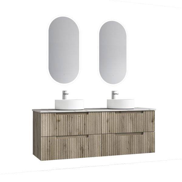 Aulic Tuscana 1500mm Double Bowl Wall Hung Vanity Laminated Wood Grain (Alpine Flat Quartz Stone Top) - Sydney Home Centre