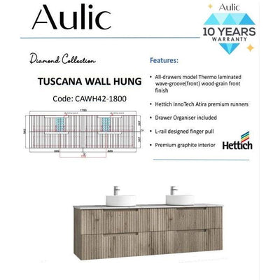 Aulic Tuscana 1800mm Double Bowl Wall Hung Vanity Laminated Wood Grain (Alpine Flat Quartz Stone Top) - Sydney Home Centre