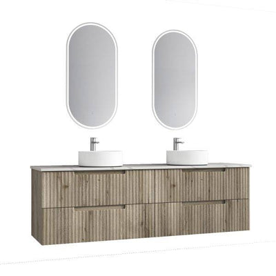 Aulic Tuscana 1800mm Double Bowl Wall Hung Vanity Laminated Wood Grain (Alpine Flat Quartz Stone Top) - Sydney Home Centre