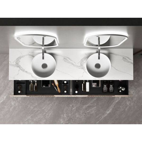 Aulic Tuscana 1800mm Double Bowl Wall Hung Vanity Laminated Wood Grain (Alpine Flat Quartz Stone Top) - Sydney Home Centre