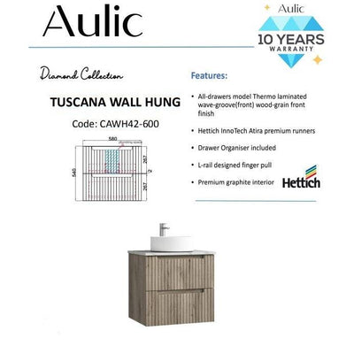 Aulic Tuscana 600mm Wall Hung Vanity Laminated Wood Grain (Alpine Flat Quartz Stone Top) - Sydney Home Centre