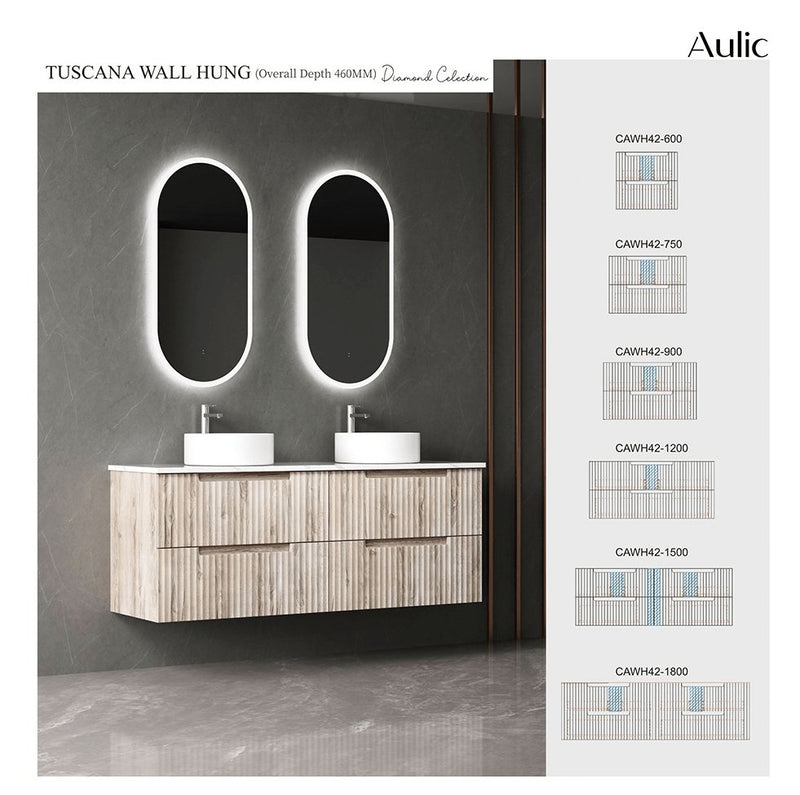 Aulic Tuscana 600mm Wall Hung Vanity Laminated Wood Grain (Palis Flat Quartz Stone Top) - Sydney Home Centre
