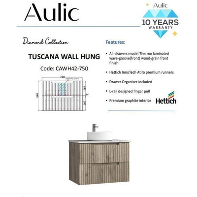 Aulic Tuscana 750mm Wall Hung Vanity Laminated Wood Grain (Alpine Quartz Stone Top With Undermount Basin) - Sydney Home Centre