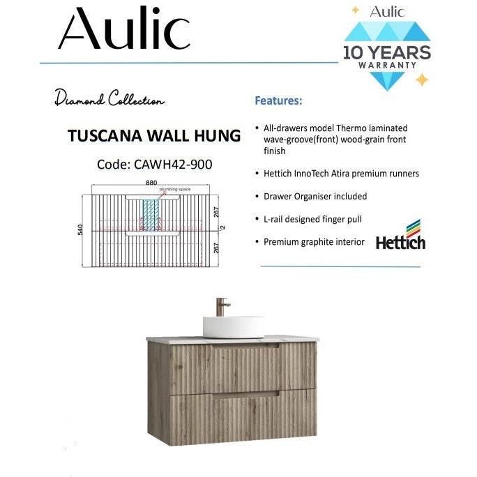 Aulic Tuscana 900mm Wall Hung Vanity Laminated Wood Grain (Alpine Flat Quartz Stone Top) - Sydney Home Centre