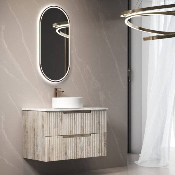 Aulic Tuscana 900mm Wall Hung Vanity Laminated Wood Grain (Alpine Flat Quartz Stone Top) - Sydney Home Centre