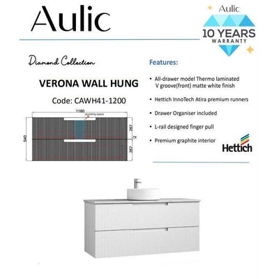 Aulic Verona 1200mm Wall Hung Vanity Laminated Matte White (Alpine Flat Quartz Stone Top) - Sydney Home Centre