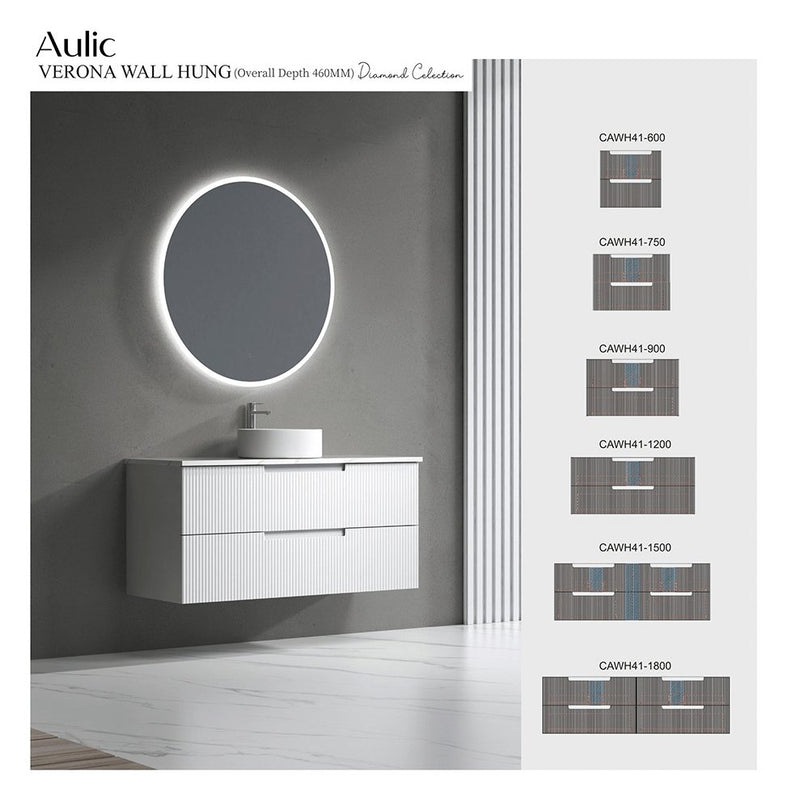 Aulic Verona 1500mm Double Bowl Wall Hung Vanity Laminated Matte White (Pure Flat Stone Top) - Sydney Home Centre