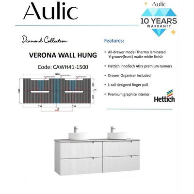 Aulic Verona 1500mm Double Bowl Wall Hung Vanity Laminated Matte White (Pure Stone Top With Undermount Basin) - Sydney Home Centre