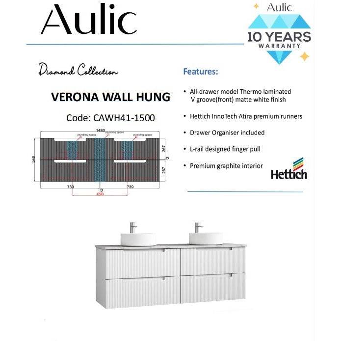 Aulic Verona 1500mm Double Bowl Wall Hung Vanity Laminated Matte White (Snow Stone Top With Undermount Basin) - Sydney Home Centre