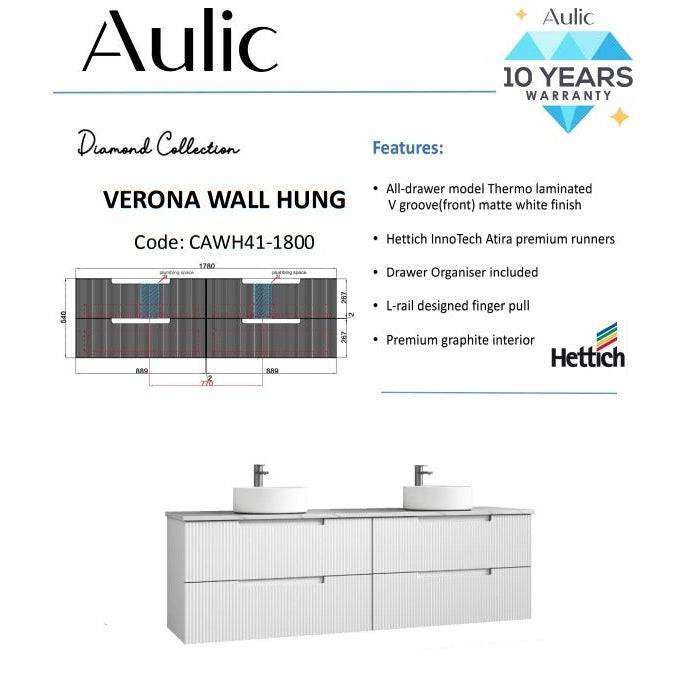 Aulic Verona 1800mm Double Bowl Wall Hung Vanity Laminated Matte White (Alpine Flat Quartz Stone Top) - Sydney Home Centre