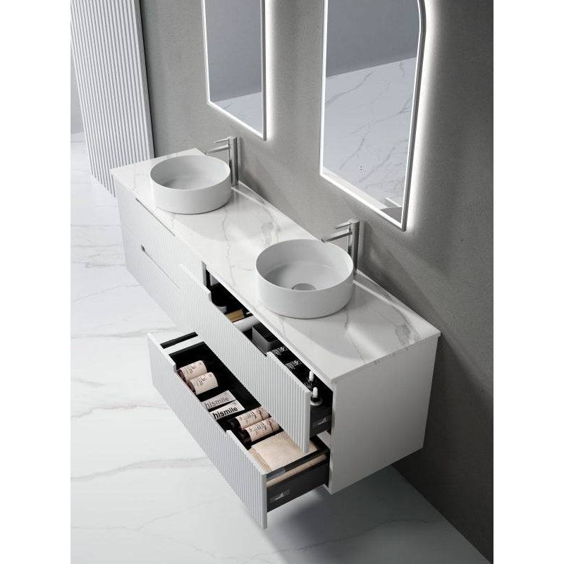 Aulic Verona 1800mm Double Bowl Wall Hung Vanity Laminated Matte White (Alpine Flat Quartz Stone Top) - Sydney Home Centre