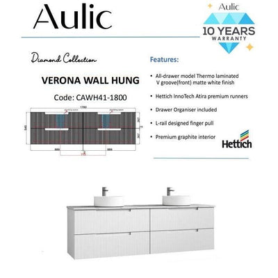 Aulic Verona 1800mm Double Bowl Wall Hung Vanity Laminated Matte White (Alpine Quartz Stone Top With Undermount Basin) - Sydney Home Centre