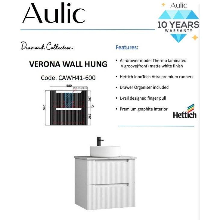 Aulic Verona 600mm Wall Hung Vanity Laminated Matte White (Alpine Flat Quartz Stone Top) - Sydney Home Centre