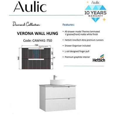 Aulic Verona 750mm Wall Hung Vanity Laminated Matte White (Alpine Flat Quartz Stone Top) - Sydney Home Centre