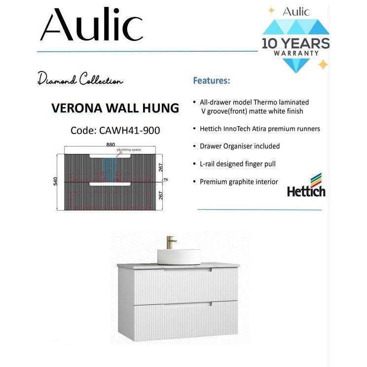 Aulic Verona 900mm Wall Hung Vanity Laminated Matte White (Cato Flat Stone Top) - Sydney Home Centre