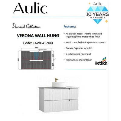 Aulic Verona 900mm Wall Hung Vanity Laminated Matte White (Ceramic Top) - Sydney Home Centre