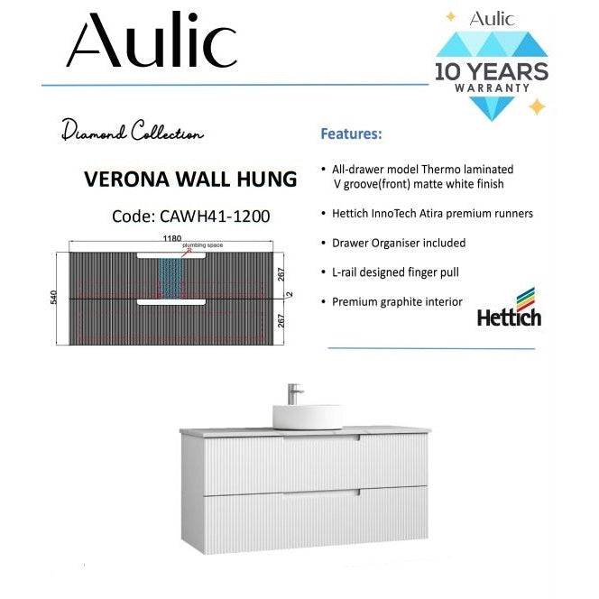 Aulic Verona Mark II 1200mm Wall Hung Vanity Laminated Matte White (Pure Flat Stone Top) - Sydney Home Centre