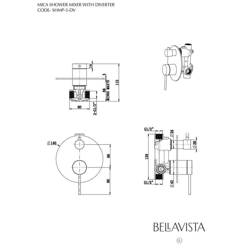 Bella Vista Mica Shower Mixer with Diverter Black - Sydney Home Centre