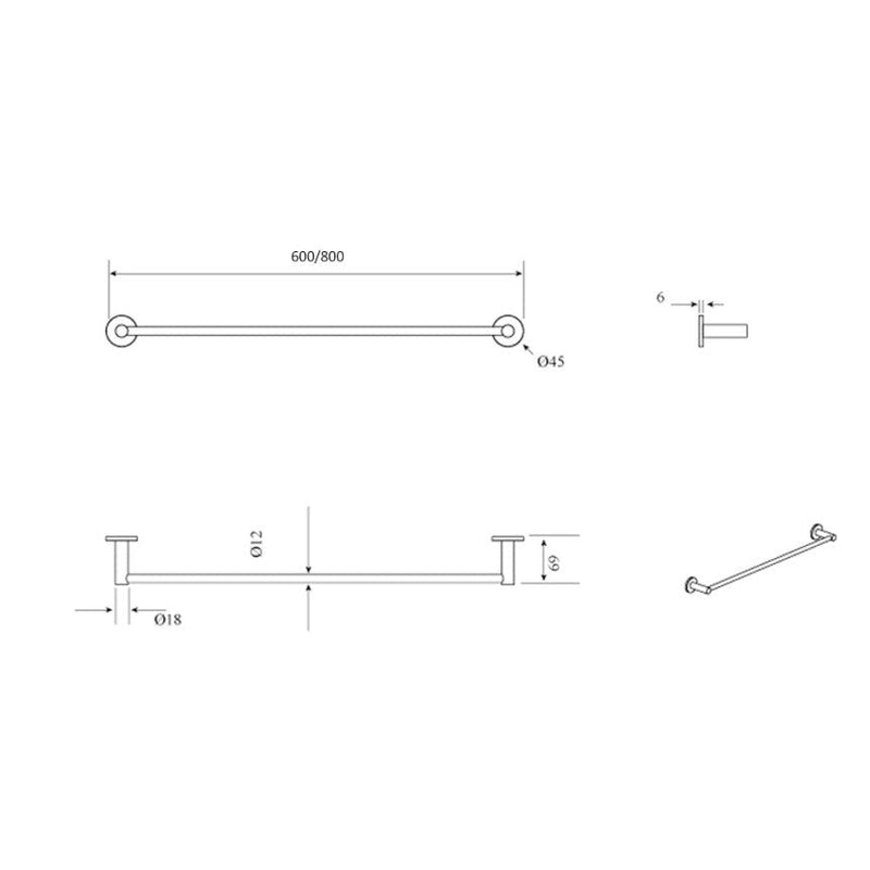 Bella Vista Mica Single Towel Rail 600mm Black - Sydney Home Centre