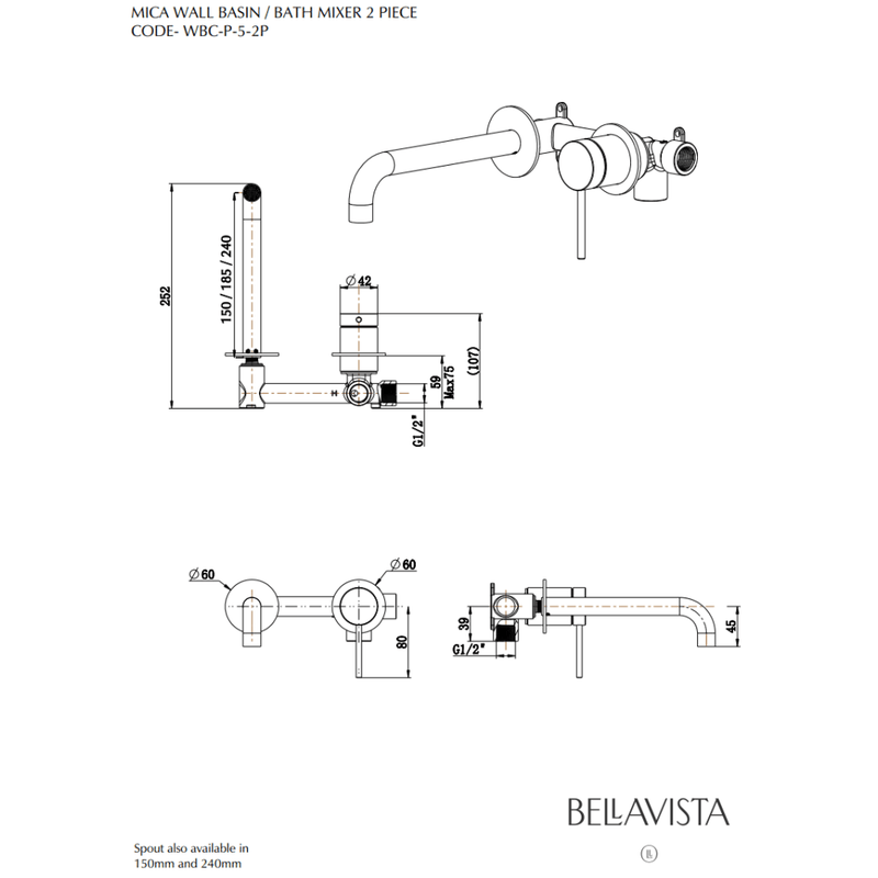 Bella Vista Mica Wall Spout Combo Brushed Nickel (2P) - Sydney Home Centre