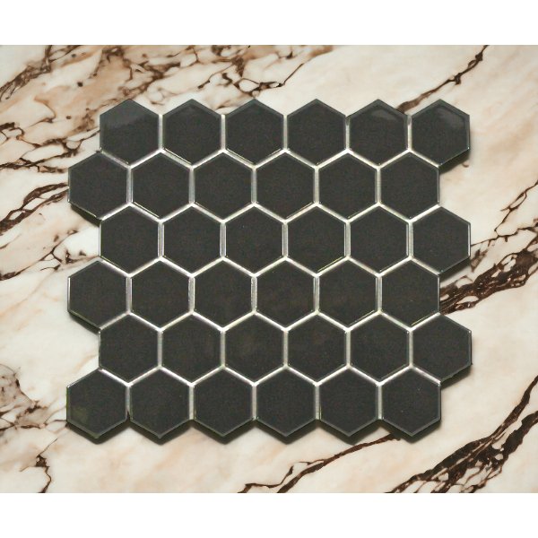 Black Gloss Porcelain Glazed 51x59mm Hexagon - Sydney Home Centre