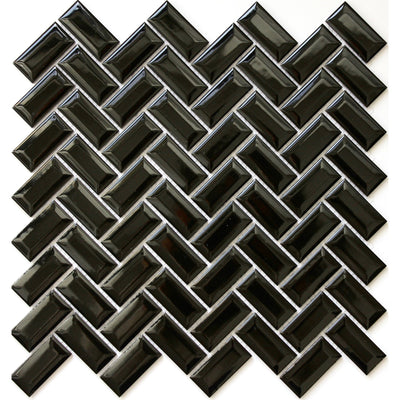 Black Gloss Porcelain Glazed Bevelled Herringbone - Sydney Home Centre