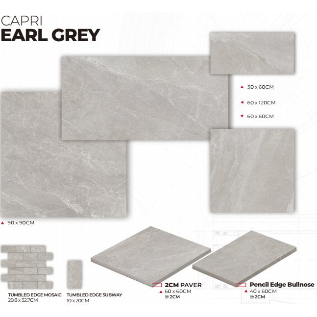 Capri Earl Grey 20mm Bullnose 400X600 20mm Square Edge External - Sydney Home Centre