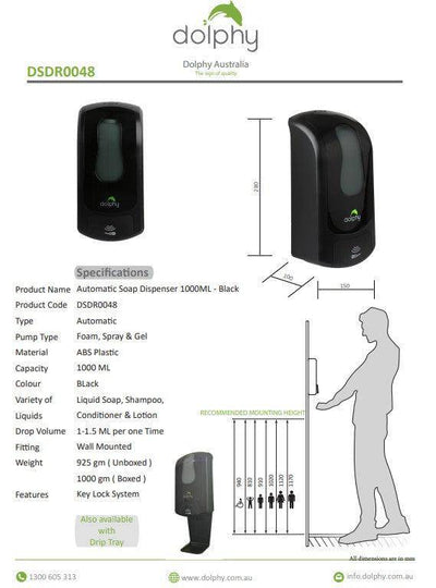 Dolphy 1000ml Automatic Soap-Sanitiser Dispenser Black - Sydney Home Centre