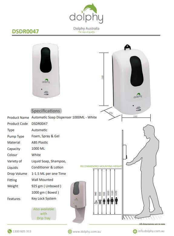 Dolphy 1000ml Automatic Soap-Sanitiser Dispenser White (DSDR0047) - Sydney Home Centre