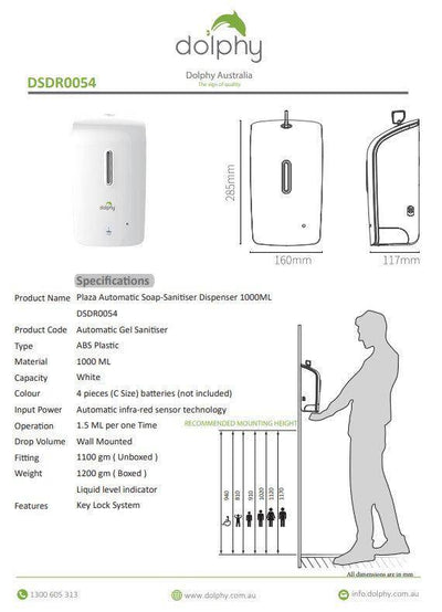 Dolphy 1000ml Automatic Soap-Sanitiser Dispenser White (DSDR0054) - Sydney Home Centre