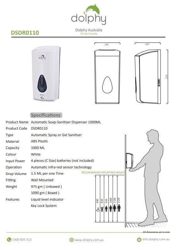 Dolphy 1000ml Automatic Soap-Sanitizer Dispenser White - Sydney Home Centre