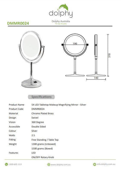 Dolphy 5X LED Magnifying Mirror Tabletop Silver - Sydney Home Centre