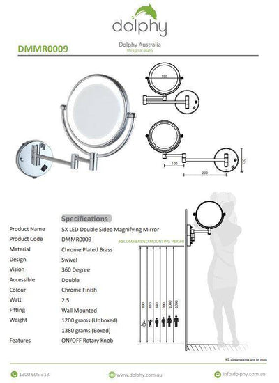 Dolphy 5X LED Magnifying Mirror Wall Mount Black - Sydney Home Centre