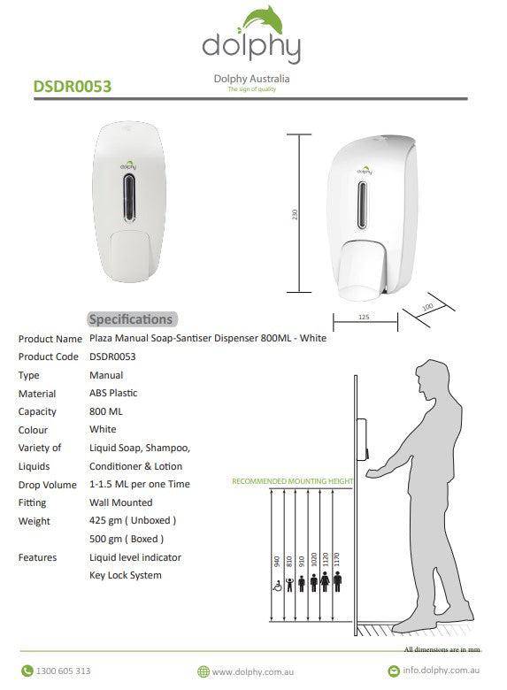 Dolphy 800ml Manual Soap-Sanitiser Dispenser White - Sydney Home Centre
