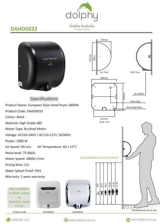 Dolphy European Style Hand Dryer 1800W Black - Sydney Home Centre