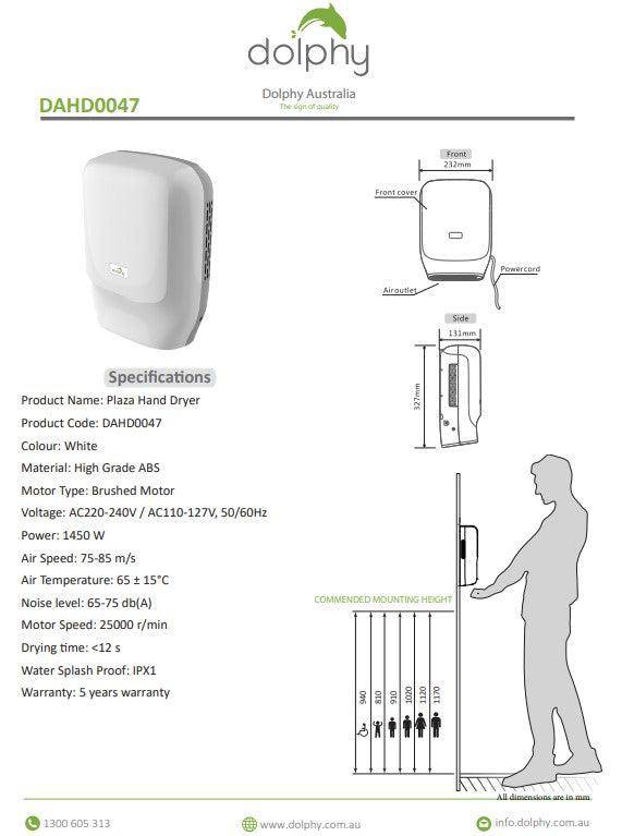 Dolphy Plaza Superfast Hand Dryer White - Sydney Home Centre