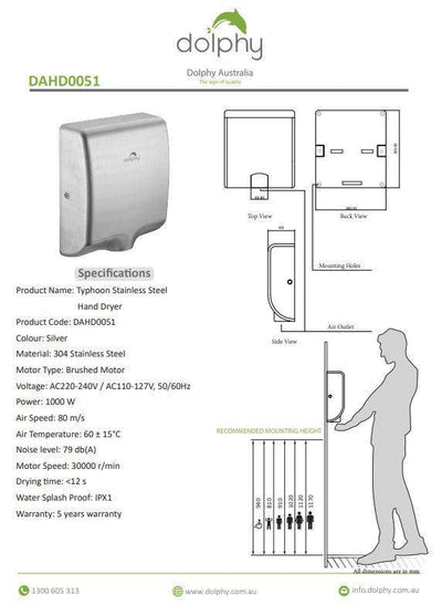 Dolphy Tornado Stainless Steel Hand Dryer 1000W Silver - Sydney Home Centre