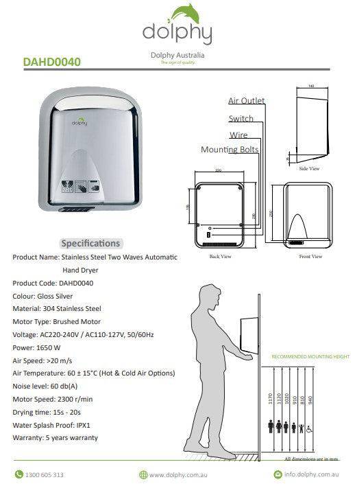 Dolphy Tranquil Stainless Steel Hand Dryer 1650W Gloss Silver - Sydney Home Centre