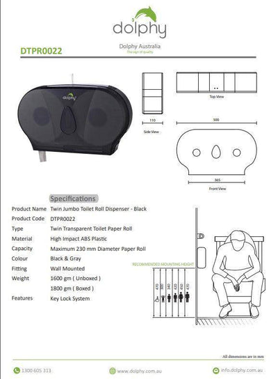 Dolphy Twin Jumbo Toilet Roll Dispenser Transparent Black - Sydney Home Centre